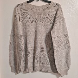 Beige V-Neck Spring Casual Knit Crochet Style Sweater Balloon Sleeve NWOT